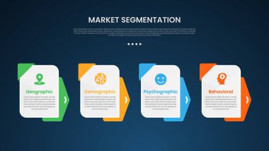 ok arkaplan aksesuarları ile kutu tablosu ile piyasa segmentasyon bilgi şablonu slayt sunum vektörü için 4 noktalı karanlık arkaplan biçimi