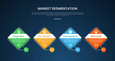 Satır bağlantısı dipnot biçimli elmas şekilli pazar segmentasyon bilgi şablonu slayt sunum vektörü için 4 noktalı karanlık arkaplan biçimi