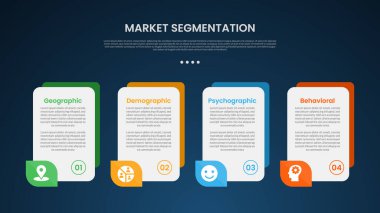 dikey kutulu ve aksesuarlı piyasa segmentasyon bilgi şablonu sunum vektörü için 4 noktalı karanlık arkaplan biçimi