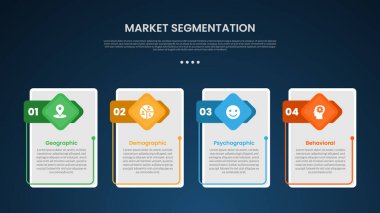 Yaratıcı başlık rozetli dikey kutucuklu piyasa segmentasyonu bilgi şablonu slayt sunum vektörü için 4 noktalı karanlık arkaplan biçimi