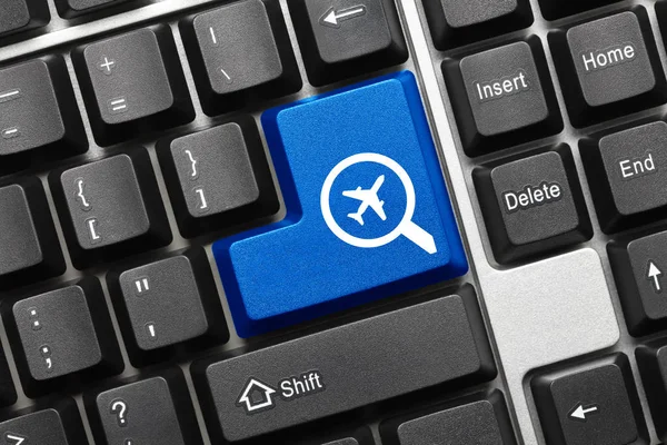 Close View Conceptual Keyboard Search Blue Key Loupe Airplane Symbols — Stock Photo, Image