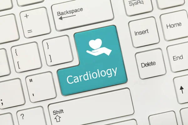 Vista Cerca Teclado Conceptual Blanco Cardiología Tecla Azul —  Fotos de Stock