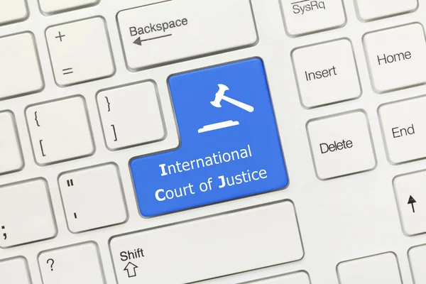 Vista Perto Sobre Teclado Conceitual Branco Tribunal Internacional Justiça Blue — Fotografia de Stock