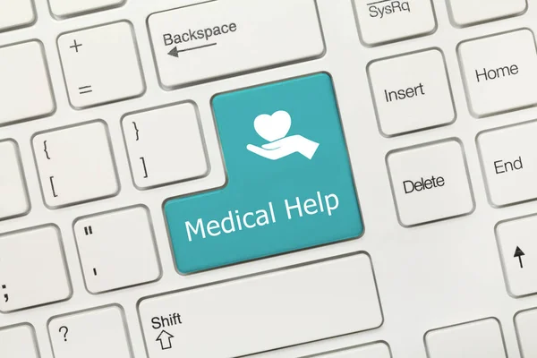 Close View White Conceptual Keyboard Medical Help Blue Key — Stock Photo, Image