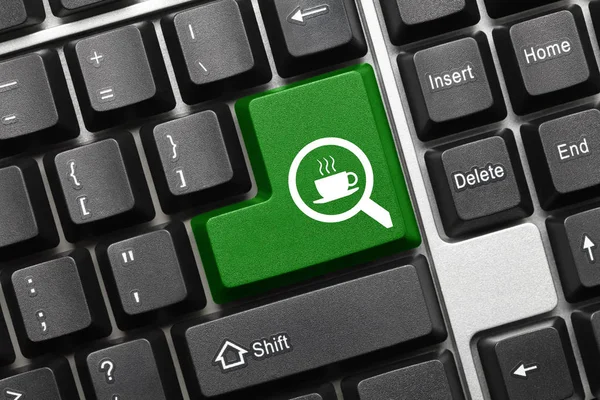 概念キーボード ルーペ コーヒー カップのシンボル緑キーのクローズ アップ ビュー — ストック写真