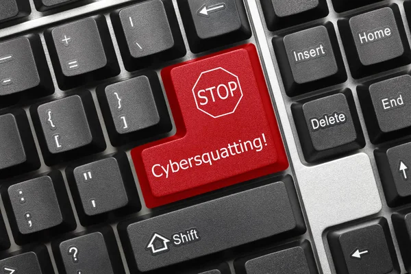 Zbliżenie Koncepcyjne Klawiatury Cybersquatting Czerwony Przycisk Symbolem Stop — Zdjęcie stockowe
