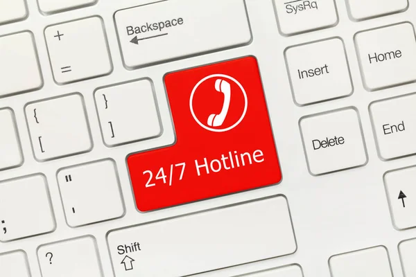 Nahaufnahme Auf Weißer Konzepttastatur Hotline Rote Taste Mit Telefonsymbol — Stockfoto