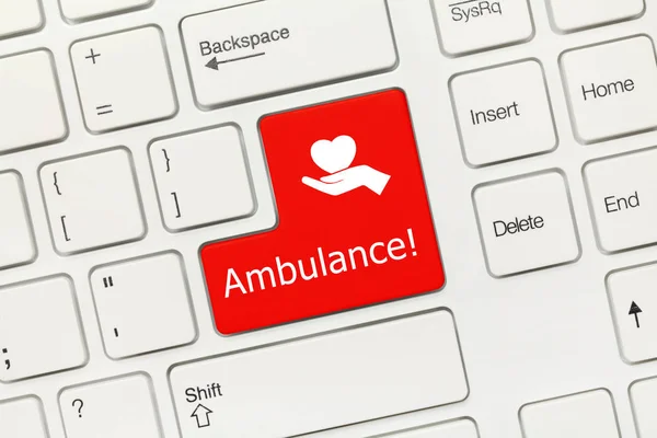 Close View White Conceptual Keyboard Ambulance Red Key Healthcare Symbol — Stock Photo, Image