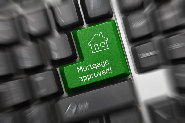 Close View Conceptual Keyboard Mortgage Approved Green Key Zoom Effect — Stock Photo, Image