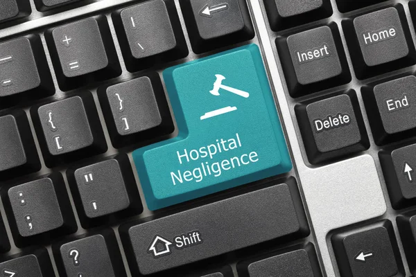 Vista Cerca Teclado Conceptual Negligencia Del Hospital Tecla Azul — Foto de Stock