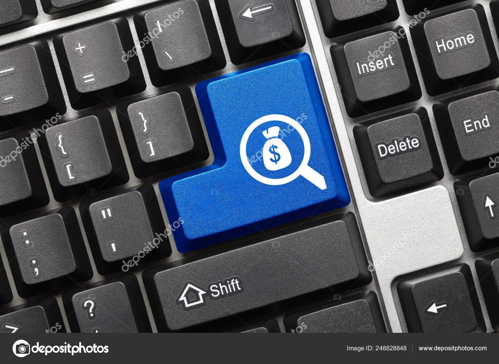 概念键盘-搜索(蓝色钥匙与百叶窗和金钱袋子——图库图片© ArtemSam #248828848