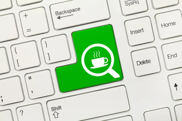 Bílá koncepční klávesnice - hledání (zelený klíč s lupy a cof — Stock fotografie