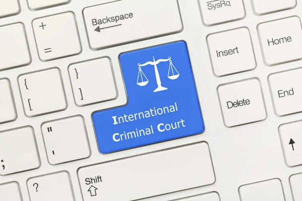 Białe pojęciowy klawiatury - Międzynarodowego Trybunału Karnego (niebieski k — Zdjęcie stockowe