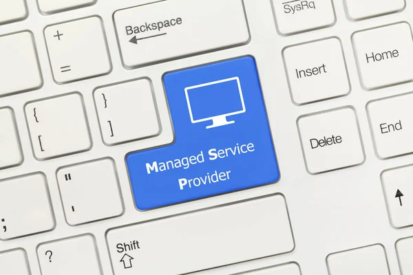 Vitt konceptuellt tangentbord - Managed Service Provider (blå nyckel)) Stockbild