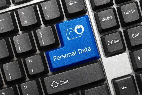 Konceptuella tangentbord-personliga data (blå knapp) Stockbild