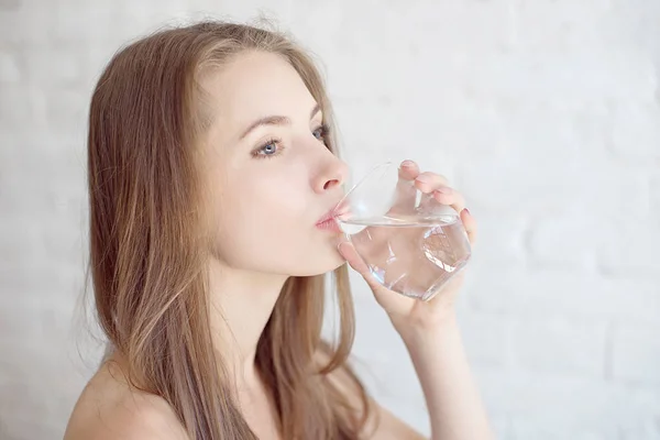 Caucasian Smiling Woman Spa Covered White Towel Drinking Water — Stock Photo, Image