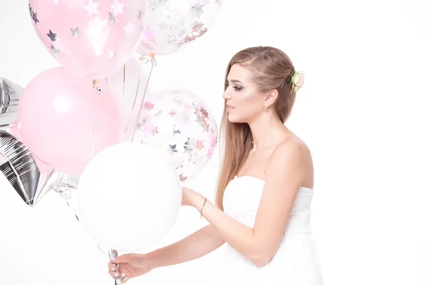 Hermosa Mujer Vestido Blanco Celebración Paquete Globos —  Fotos de Stock