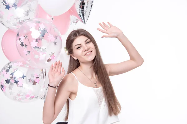 Lächelnd Schöne Frau Spaß Mit Luftballons Isoliert Auf Weißem Hintergrund — Stockfoto