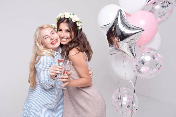 Two Smiling Girlfriends Hugging Celebrating Wineglasses Hen Party Concept — Stock Photo, Image