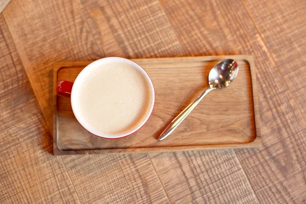 Coffee Cup Latte Spoon Wooden Tray — Stock Photo, Image