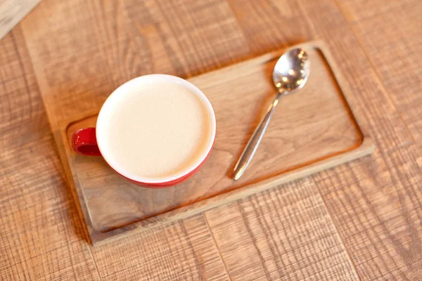 Coffee Cup Latte Spoon Wooden Tray — Stock Photo, Image