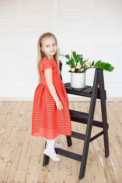 Kleines Blondes Mädchen Das Langen Roten Kleid Auf Der Leiter — Stockfoto