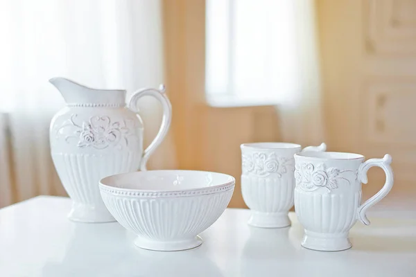 Set White Ceramic Kitchen Utensils Dishes White Table Big Bright — Stock Photo, Image