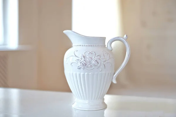 Big White Ceramic Jug Table Big Bright Room — Stock Photo, Image