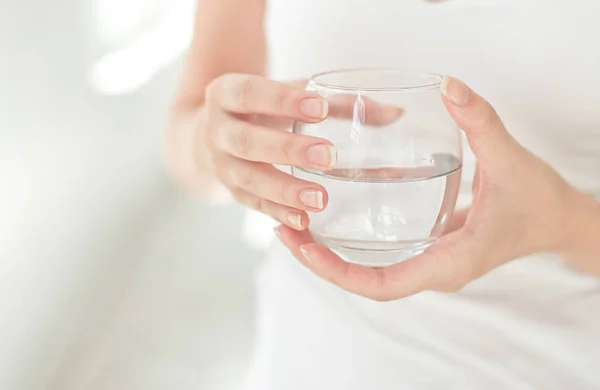 Close Female Holding Glass Clear Water — Stock Photo, Image