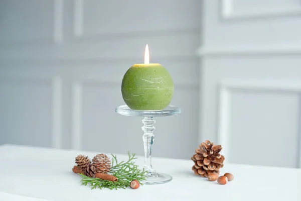 Burning Candle Bowl Walnuts Decor Natural Materials Pine Cone Needles — Stock Photo, Image