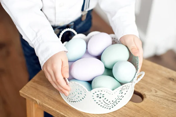 Close Colorful Easter Eggs Basket — Stock Photo, Image