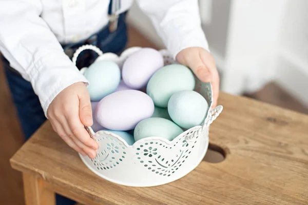 Close Colorful Easter Eggs Basket — Stock Photo, Image