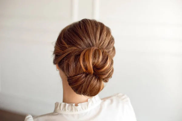 Vue Arrière Chignon Central Coiffure Féminine Aux Cheveux Bruns — Photo