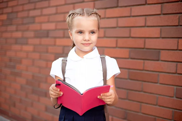 Bambina Con Capelli Biondi Camicia Bianca Gonna Blu Tiene Una — Foto Stock