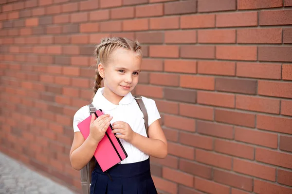 Bambina Con Capelli Biondi Camicia Bianca Gonna Blu Tiene Una — Foto Stock