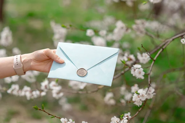 Close-up photo of female hands holding a blue invitation envelope with a wax seal, a gift certificate, a postcard, a wedding invitation card on the background of blooming flowers