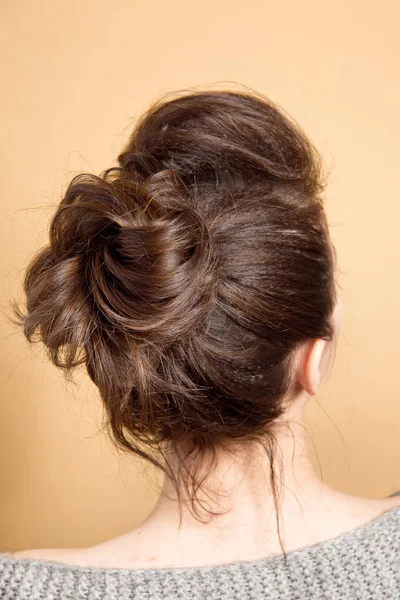 Vue arrière du chignon central coiffure féminine aux cheveux bruns . — Photo