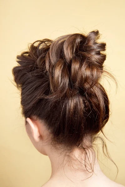 Vue arrière de la coiffure féminine chignon moyen sur de longs cheveux bruns droits avec un volume radical . — Photo