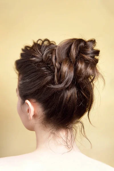 Vista trasera del peinado femenino moño medio sobre el pelo largo y liso de color marrón con volumen radical . —  Fotos de Stock