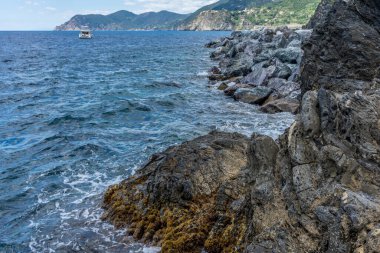 Avrupa, İtalya, Cinque Terre, Manarola, bir su kütlesinin ortasındaki kayalık bir ada.