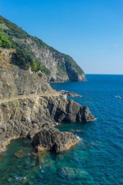 İtalya, Cinque Terre, Manarola, İtalya Riviera okyanusunun üzerindeki uçurum