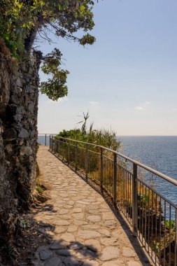 Avrupa, İtalya, Cinque Terre, Manarola, bir su kütlesi üzerinde uzun bir köprü