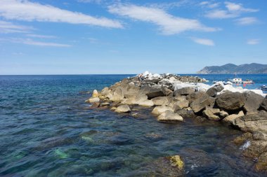 Avrupa, İtalya, Cinque Terre, Riomaggiore, bir su kütlesinin yanında kayalık bir plaj.