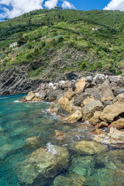 ヨーロッパ イタリア チンクテレ ヴェルナッツァ 山の側面に木のある岩の川 — ストック写真