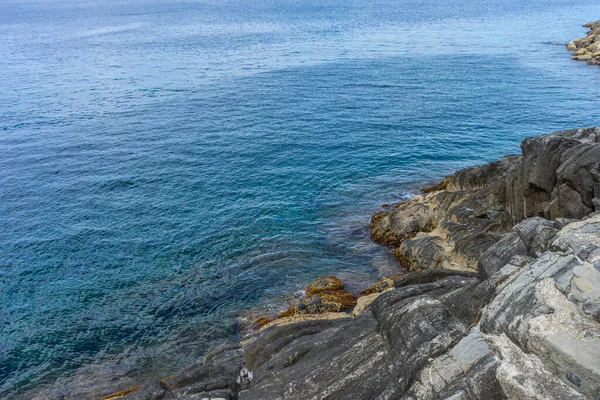 意大利 Cinque Terre Riomaggiore 靠近水体的岩石海岸 — 图库照片
