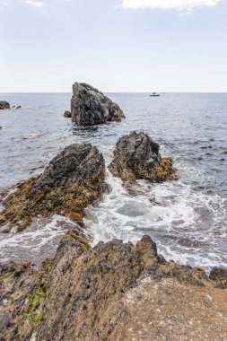 Avrupa, İtalya, Cinque Terre, Manarola, bir su kütlesinin yanında kayalık bir plaj.