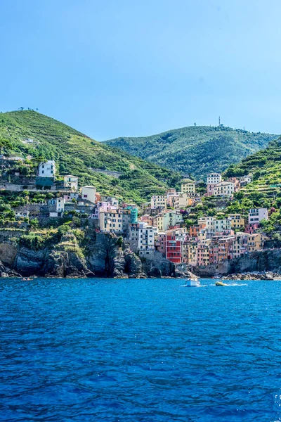 Riomaggiore Városképe Tengerből Cinque Terre Olaszország Riviéra — Stock Fotó