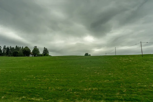 Европа Италия Поезд Фаста Каслтелрут Большое Зеленое Поле Облаками Небе — стоковое фото