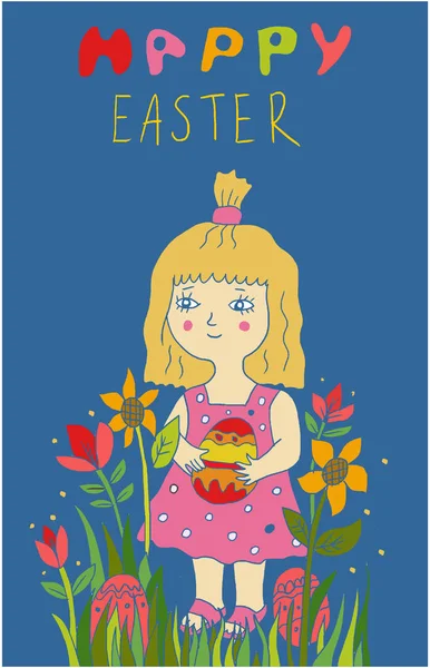 Menina bonito menino segurando ovo pintado em flores — Vetor de Stock