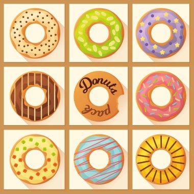 Tatlı renkli pişmiş sırlı donut veya çörek serpinti ve düz tarzı ile ayarlanmış
